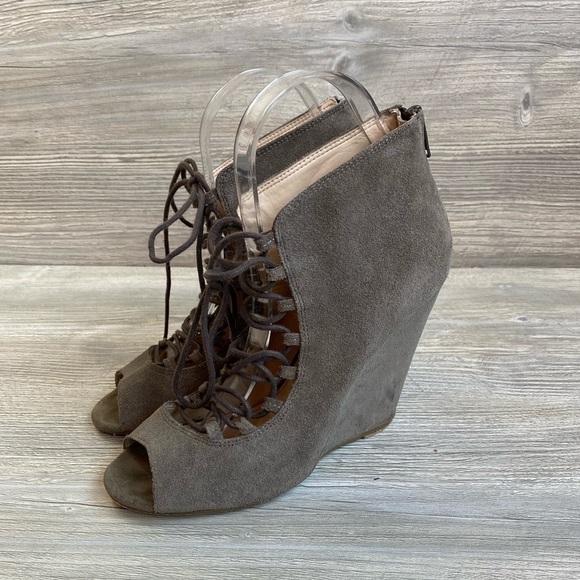 Shoemint Jordane lace up peep toe leather wedge booties size 6.5 zipper heel - Picture 2 of 12